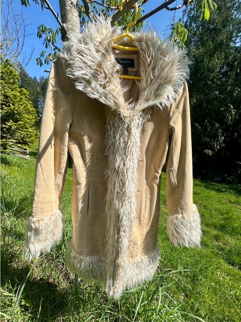 Colebrook beige suede coat with Plush Faux Fur Trim